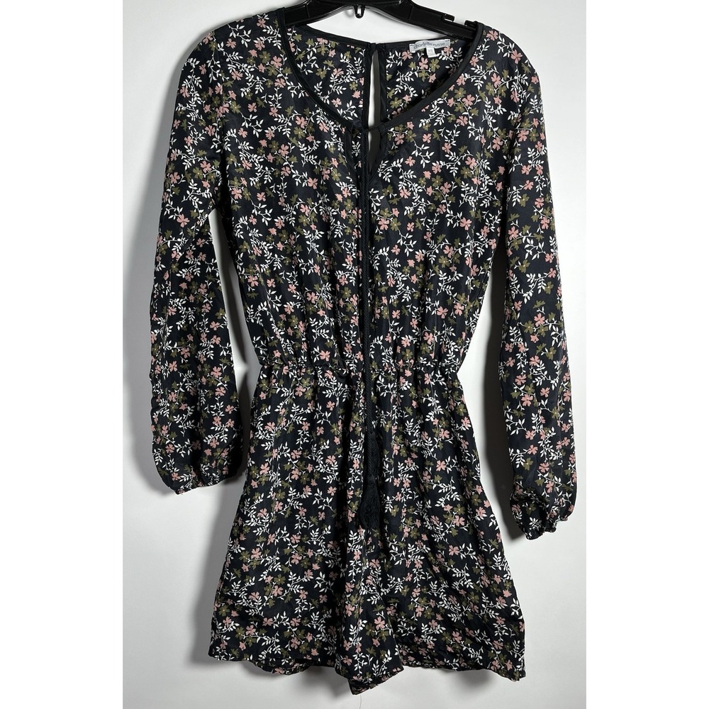 Charlotte Russe Sz Sm Black Pink Floral Long Sleeve‎ Romper Tie Front Light Boho